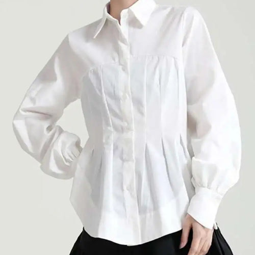 Load image into Gallery viewer, Women White Pleated Round Hem Blouse New Lapel Long Lantern Sleeve Loose Fit Shirt Fashion Tide Spring Autumn 2025 1T156
