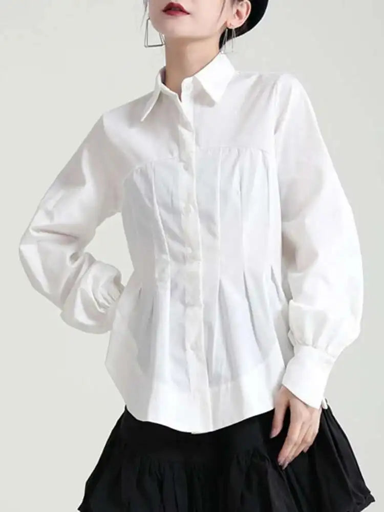 Women White Pleated Round Hem Blouse New Lapel Long Lantern Sleeve Loose Fit Shirt Fashion Tide Spring Autumn 2025 1T156