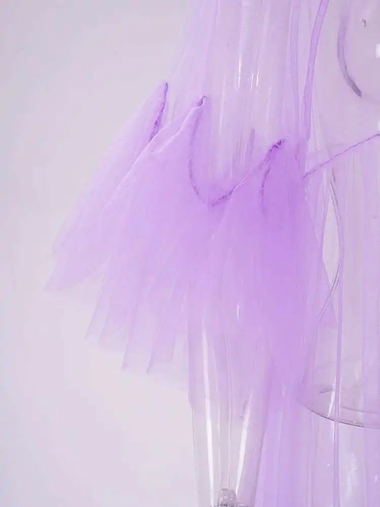 Women Purple Ruffles Mesh Perspective Big Size Long Dress New Round Neck Half Sleeve Fashion Spring Summer 2025 JR7711