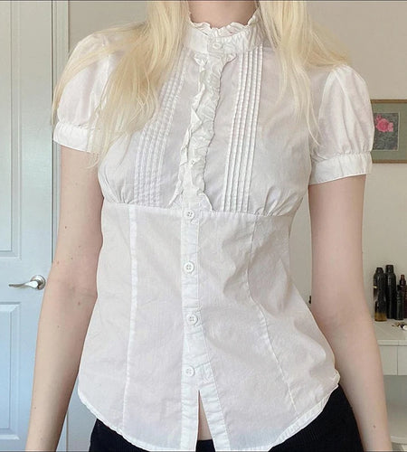French Style Organ Folded Puff Sleeve White Shirts Women's Half High Collar Breasted Summer Blouse Slim-Fitting Tops