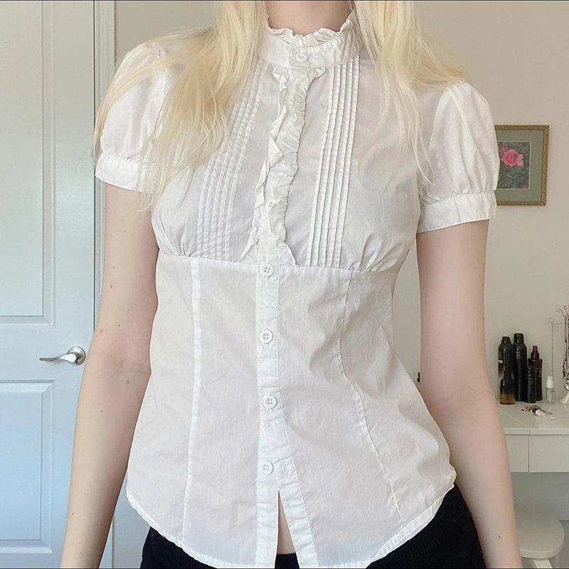 French Style Organ Folded Puff Sleeve White Shirts Women's Half High Collar Breasted Summer Blouse Slim-Fitting Tops