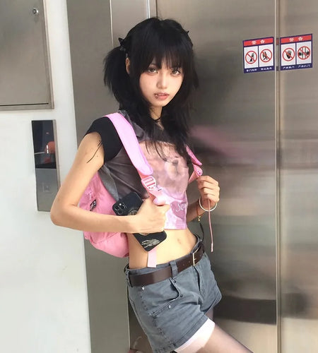 Japanese Y2k Crop Top 2000s Aesthetics Bear Print Short Sleeve T-shirt Vintage Harajuku Lace Patchwork Tee Shirt Lolita