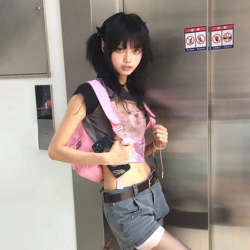Load image into Gallery viewer, Japanese Y2k Crop Top 2000s Aesthetics Bear Print Short Sleeve T-shirt Vintage Harajuku Lace Patchwork Tee Shirt Lolita
