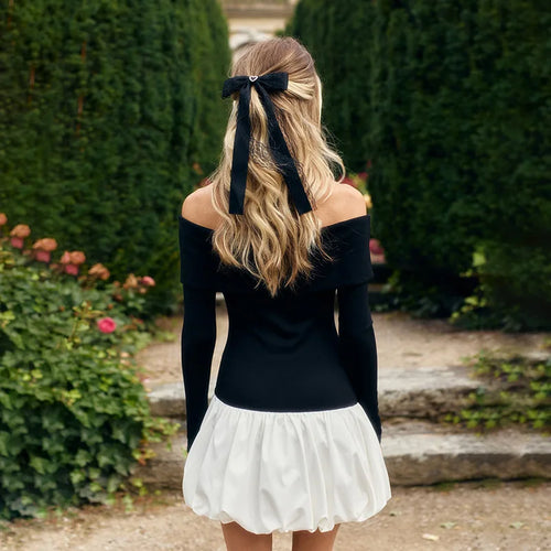 Load image into Gallery viewer, Off-shoulder Long Sleeve Sexy Mini Dress For Women Contrast Color Patchwork Strapless Backless A-line Sexy Dress
