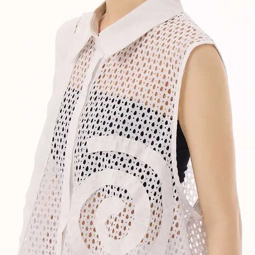 Load image into Gallery viewer, Women White Hollow Out Big Size Long Elegant Shirt Dress New Lapel Sleeveless Fashion Tide Spring Autumn 2025 1DH9424
