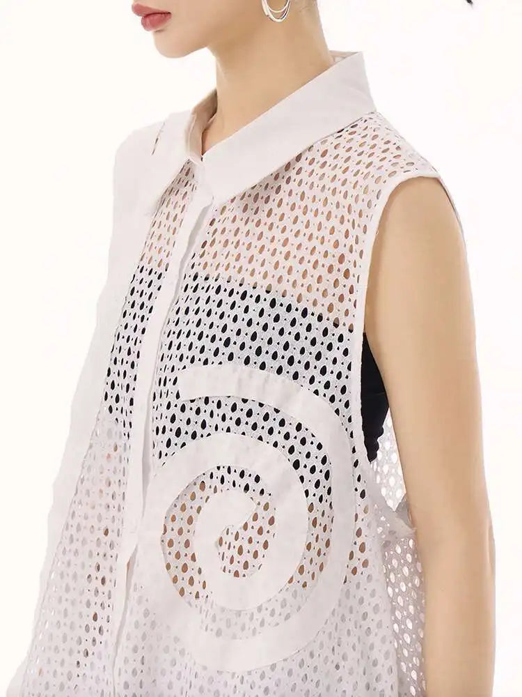 Women White Hollow Out Big Size Long Elegant Shirt Dress New Lapel Sleeveless Fashion Tide Spring Autumn 2025 1DH9424