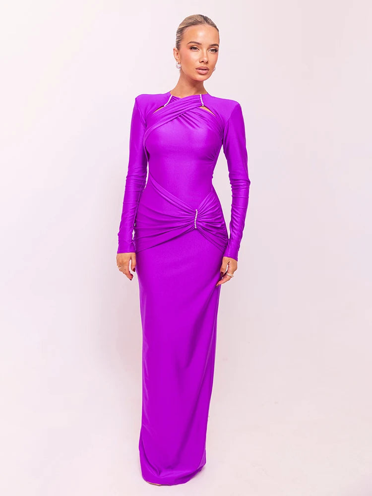 Hollow Out Long Sleeve Sexy Maxi Dress For Women Gown Fashion Solid Bodycon Ruched Club Evening Elegant Long Dress