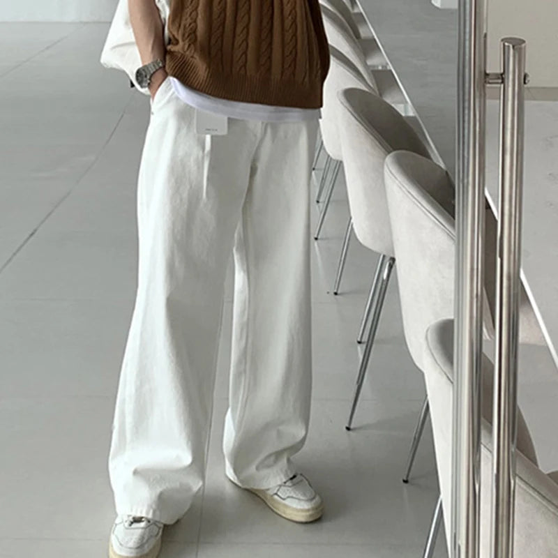 Simple Men's Pants Casual Button Straight Bottom Wide Leg Loose Solid Color Male Trousers Summer Trend 9C6527