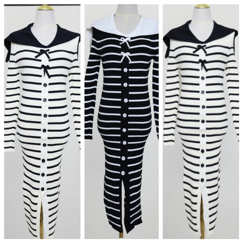 Load image into Gallery viewer, Autumn Winter Vintage Black White Striped Elegant Long Sleeve Dress Women French Single Breasted Office Bow Split Knitted Dress
