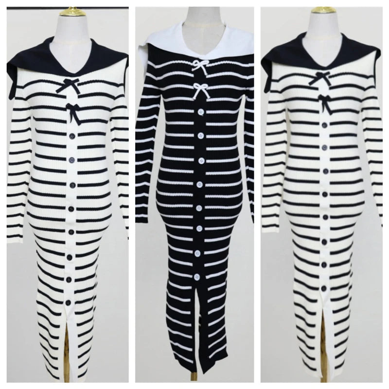 Autumn Winter Vintage Black White Striped Elegant Long Sleeve Dress Women French Single Breasted Office Bow Split Knitted Dress