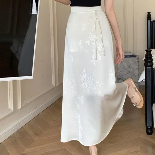 Load image into Gallery viewer, Vintage White Elegant High Waist Jacquard Skirt Women 2024 Spring Summer New Chinese Style Fashion Black Temperament Long Skirt
