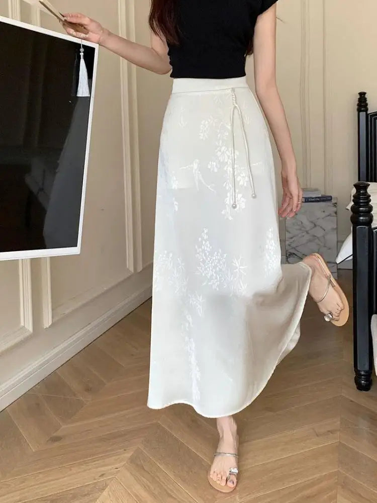 Vintage White Elegant High Waist Jacquard Skirt Women 2024 Spring Summer New Chinese Style Fashion Black Temperament Long Skirt