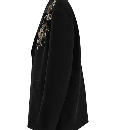 Women Black Sequins Flower Big Size Elegant Blazer New Lapel Long Sleeve Jacket Fashion Tide Spring Autumn 2025 CPG2430