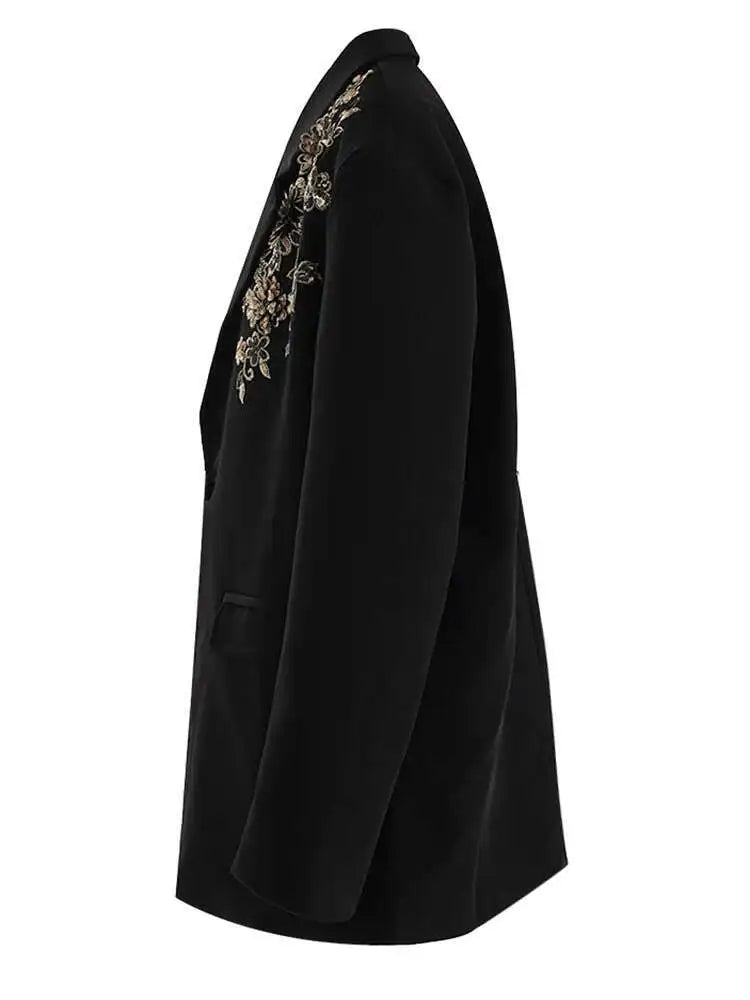Women Black Sequins Flower Big Size Elegant Blazer New Lapel Long Sleeve Jacket Fashion Tide Spring Autumn 2025 CPG2430
