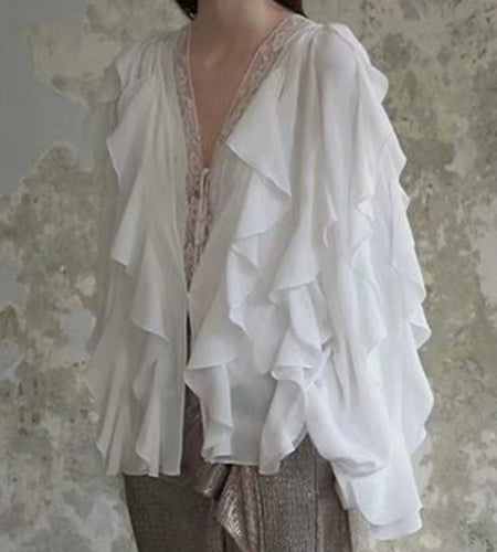 Solid V Neck Two Piece Sets for Women Long Sleeves Spliced Fungal Blouse Lace Patchwork Button Vest Set Female New