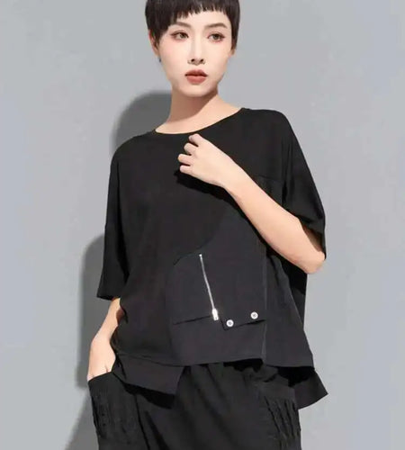 Women Black Irregular Casual Big Size T-shirt New Round Neck Short Sleeve Fashion Tide Spring Summer 2025  1DE8728
