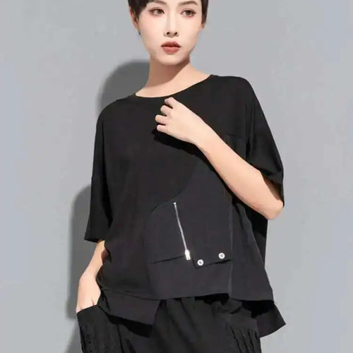 Load image into Gallery viewer, Women Black Irregular Casual Big Size T-shirt New Round Neck Short Sleeve Fashion Tide Spring Summer 2025  1DE8728
