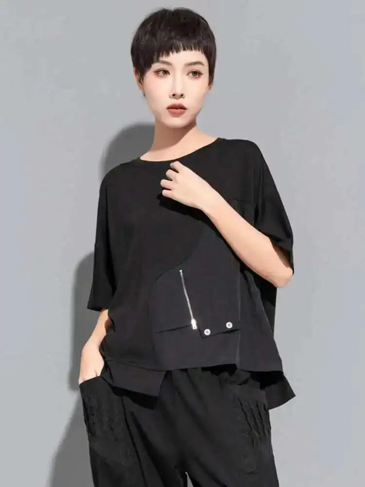 Women Black Irregular Casual Big Size T-shirt New Round Neck Short Sleeve Fashion Tide Spring Summer 2025  1DE8728