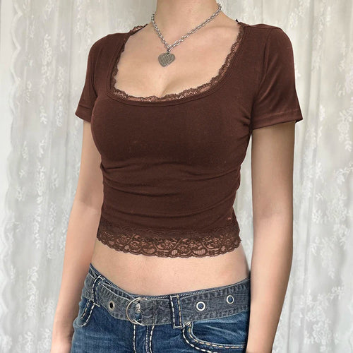 Load image into Gallery viewer, Vintage Y2K Skinny Summer T-shirts for Women Short Sleeve Tees 2000s Aesthetic Basic Casual Cropped Top Square Neck
