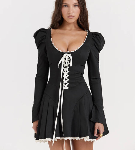 Lace Bandage Puff Sleeve Mini Dress For Women 2023 Autumn Winter New Square Collar Ruched Dress Vintage Elegant