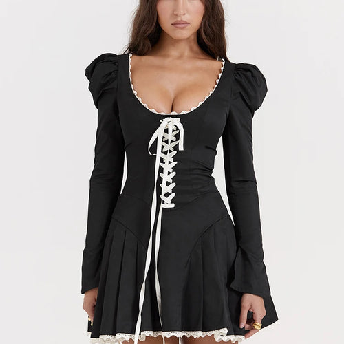 Load image into Gallery viewer, Lace Bandage Puff Sleeve Mini Dress For Women 2023 Autumn Winter New Square Collar Ruched Dress Vintage Elegant
