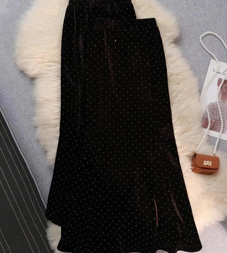 Vintage Black Velvet Diamonds Mermaid Skirt Autumn Winter Women's Brown Elastic High Waist Party Wrap Hip Long Skirts Female New