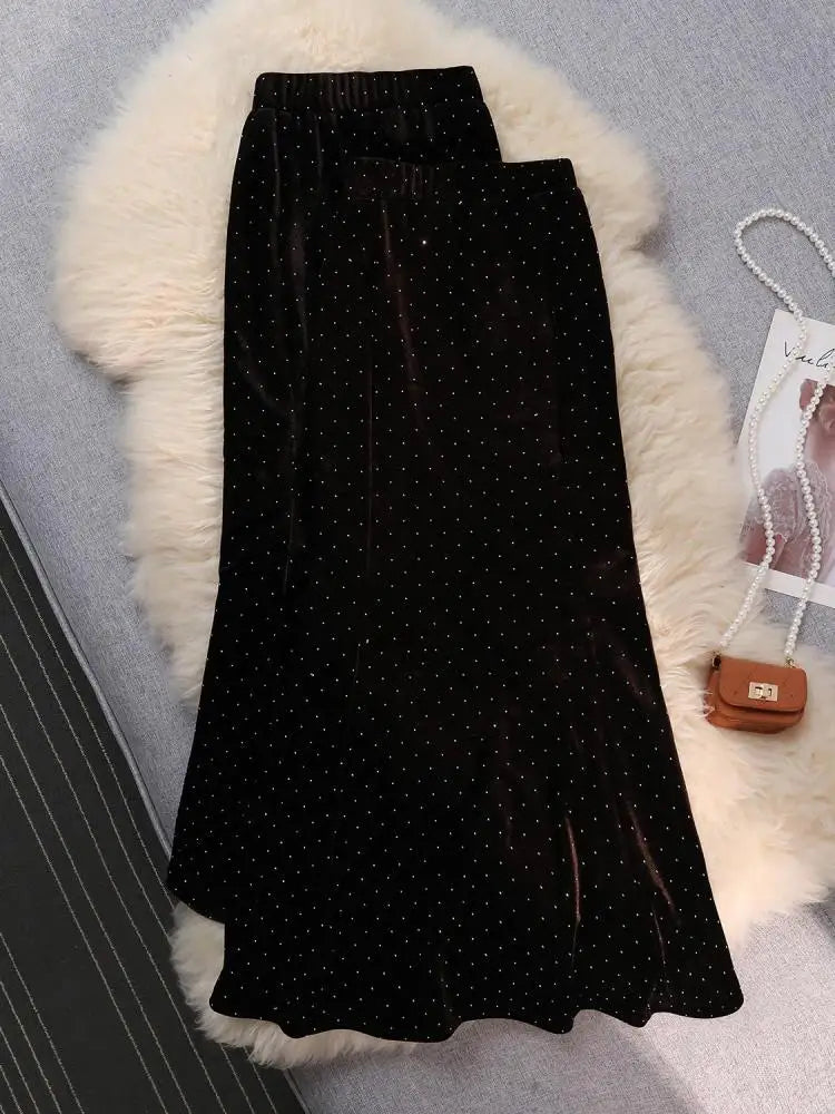 Vintage Black Velvet Diamonds Mermaid Skirt Autumn Winter Women's Brown Elastic High Waist Party Wrap Hip Long Skirts Female New
