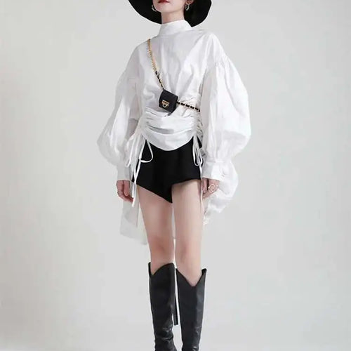 Load image into Gallery viewer, Women Balck Irregular Drawstring Big Size Dress New Stand Collar Long Sleeve Loose Fit Fashion Spring Autumn 2025 1Z18901
