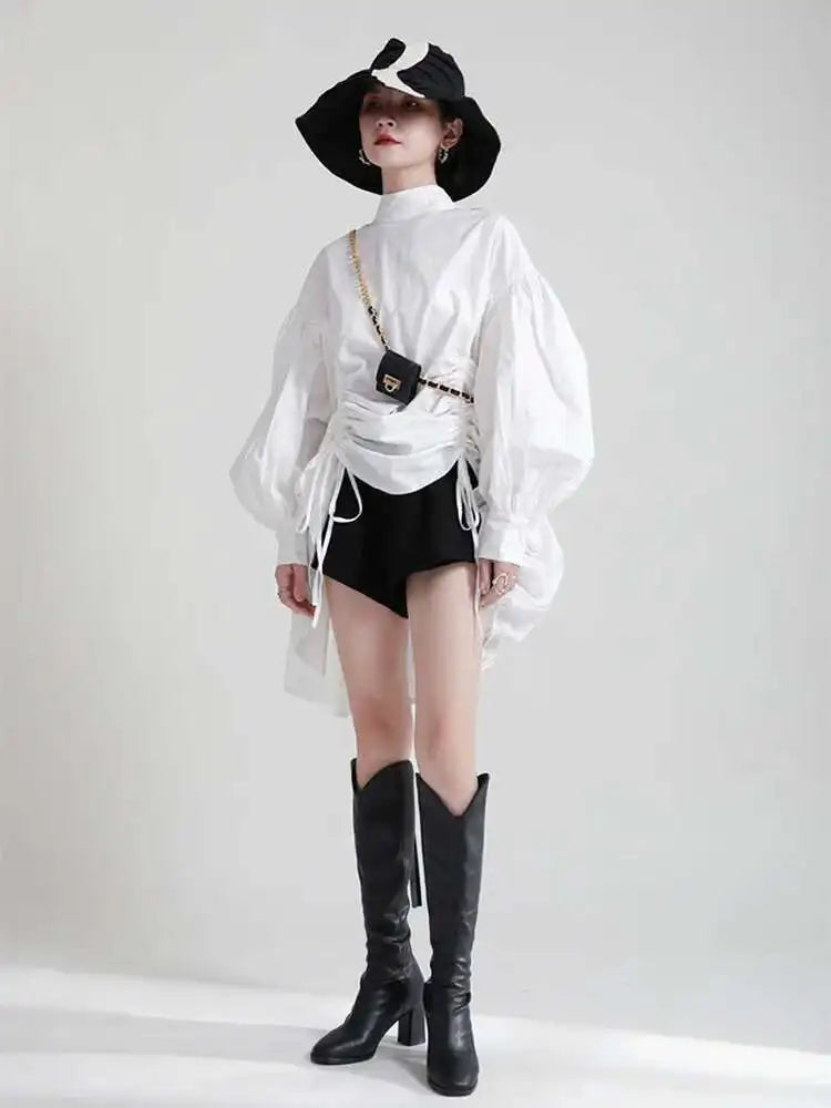 Women Balck Irregular Drawstring Big Size Dress New Stand Collar Long Sleeve Loose Fit Fashion Spring Autumn 2025 1Z18901