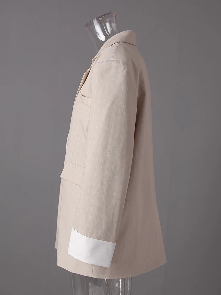 Women Apricot Striped Color-block Big Size Blazer New Lapel Long Sleeve Jacket Fashion Tide Spring Autumn 2025 30A2753