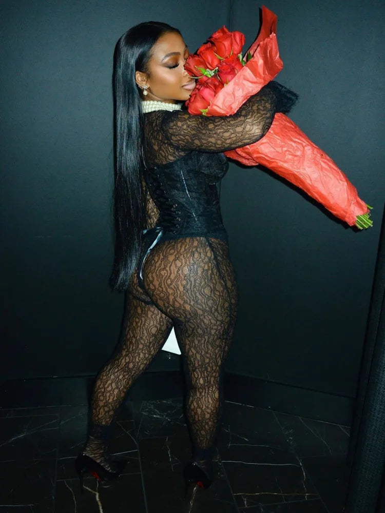 Sexy Hollow Out Mesh Jumpsuit Women's Set See Through Long Sleeved Long Pants Two-piece Set 2025 Spring New Clothing