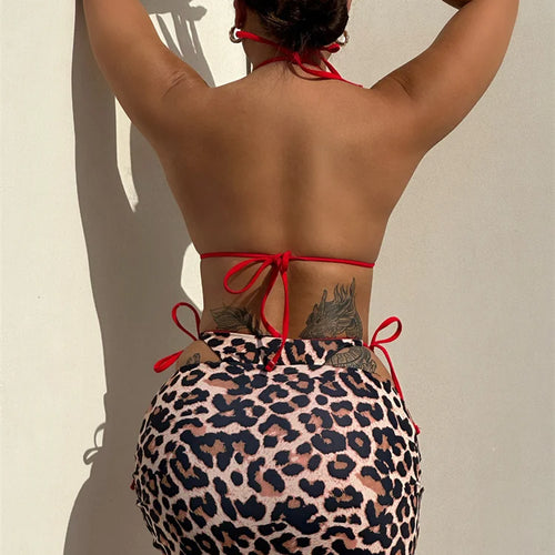 Load image into Gallery viewer, Leopard Halter Two-Side Wearable Women Swimwear Female Swimsuit Three-pieces Bikini Set with Skirt Bathing Suit
