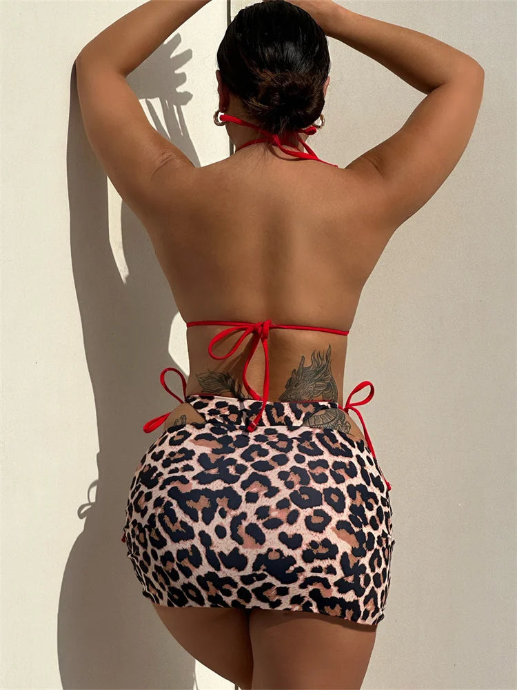 Leopard Halter Two-Side Wearable Women Swimwear Female Swimsuit Three-pieces Bikini Set with Skirt Bathing Suit