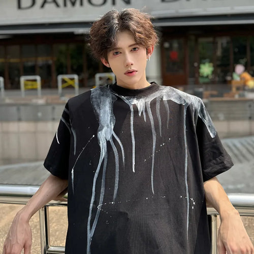 Load image into Gallery viewer, Personality Men&#39;s Top Summer Short Sleeve T-shirt Black Spray Paint Tee Pullover Niche Design Male Clothing 9C6187
