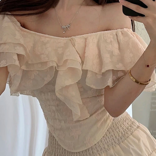 Load image into Gallery viewer, Slash Neck Lace Irregular Ruffles Fashion Women&#39;s Blouses Summer Solid Color Slim V-neck Chic Female Blouse Office Ladies
