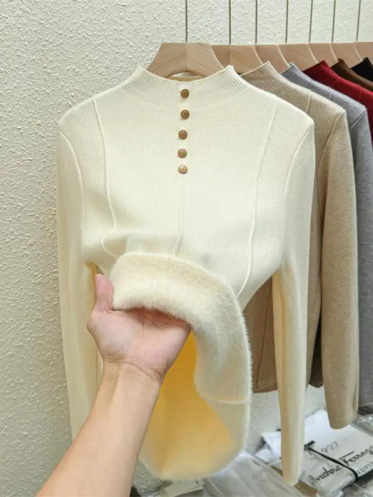 Autumn Winter Korean Fashion Solid Half High Neck Single Breasted Velvet Knit Sweater Women Slim Warm Long Sleeve Pullovers Tops