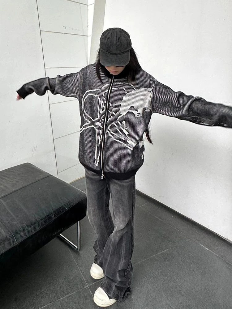 2025 Vintage Star Jacquard Y2k Aesthetic Jacket Women Men Double Zipper Casual Jackets Oversized Harajuku Stand Neck Grunge Coat