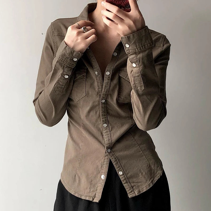 Streetwear Cargo Style Spring Autumn Women Blouses Tops Long Sleeve Buttons-Up Denim Shirt Pockets Solid Cardigan New