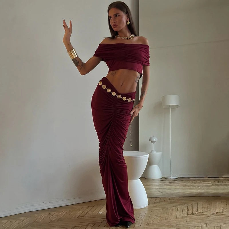 Sexy Skirt Two Peces Sets Women Elegant Off-shoulder Slim Fit Crop Top And Bodycon Skirt Two Peces Sets Ladies Outfits