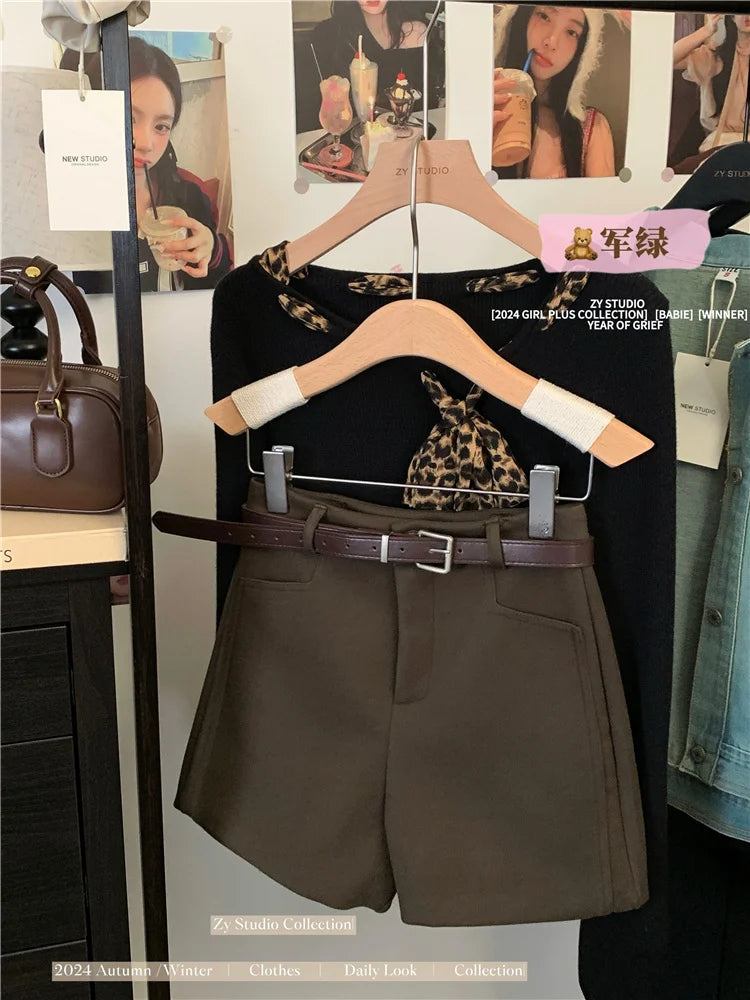 Korean 2024 New Women's Black Grey A-line Woolen Shorts Green High Waisted Thickshort Pants Autumn Winter Casual Versatile Trend