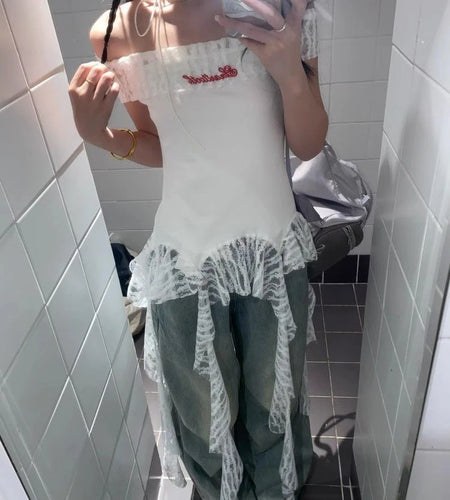 Slash Neck Fairy Grunge Tops Vintage Harajuku Irregular Patchwork Lace T-shirt Women Y2k Aesthetics Sexy Letter Embroidery Tees