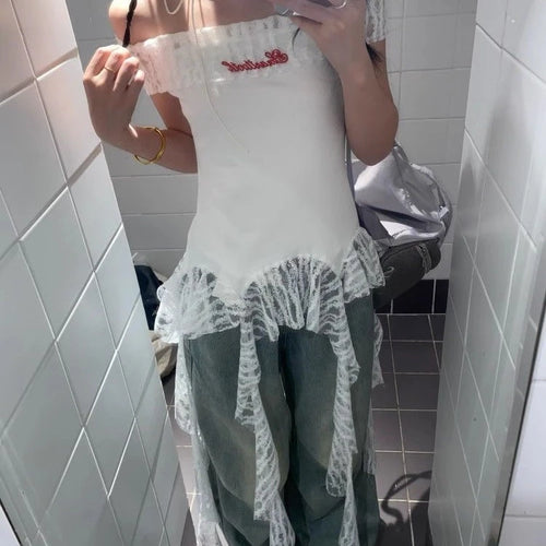 Load image into Gallery viewer, Slash Neck Fairy Grunge Tops Vintage Harajuku Irregular Patchwork Lace T-shirt Women Y2k Aesthetics Sexy Letter Embroidery Tees
