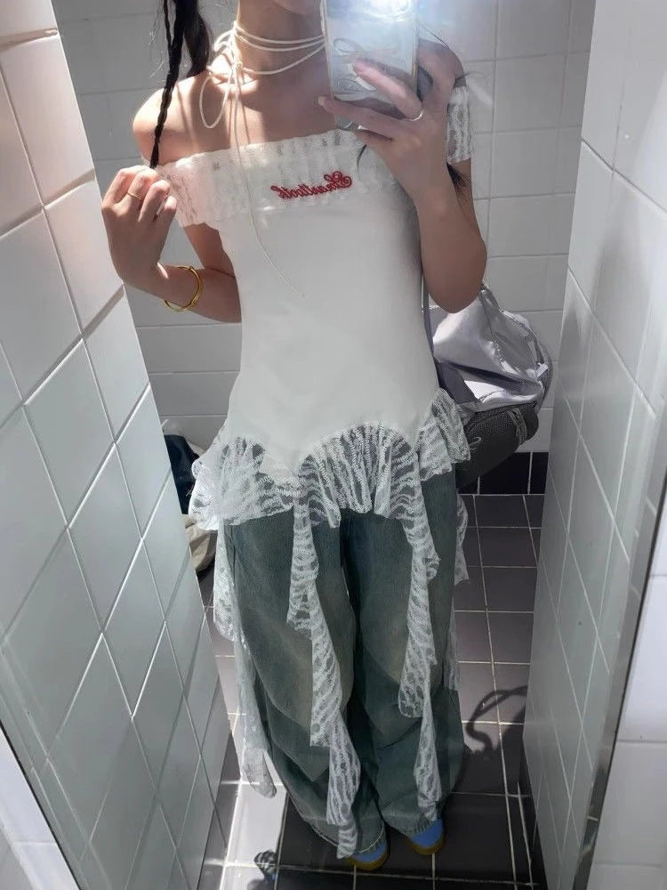 Slash Neck Fairy Grunge Tops Vintage Harajuku Irregular Patchwork Lace T-shirt Women Y2k Aesthetics Sexy Letter Embroidery Tees