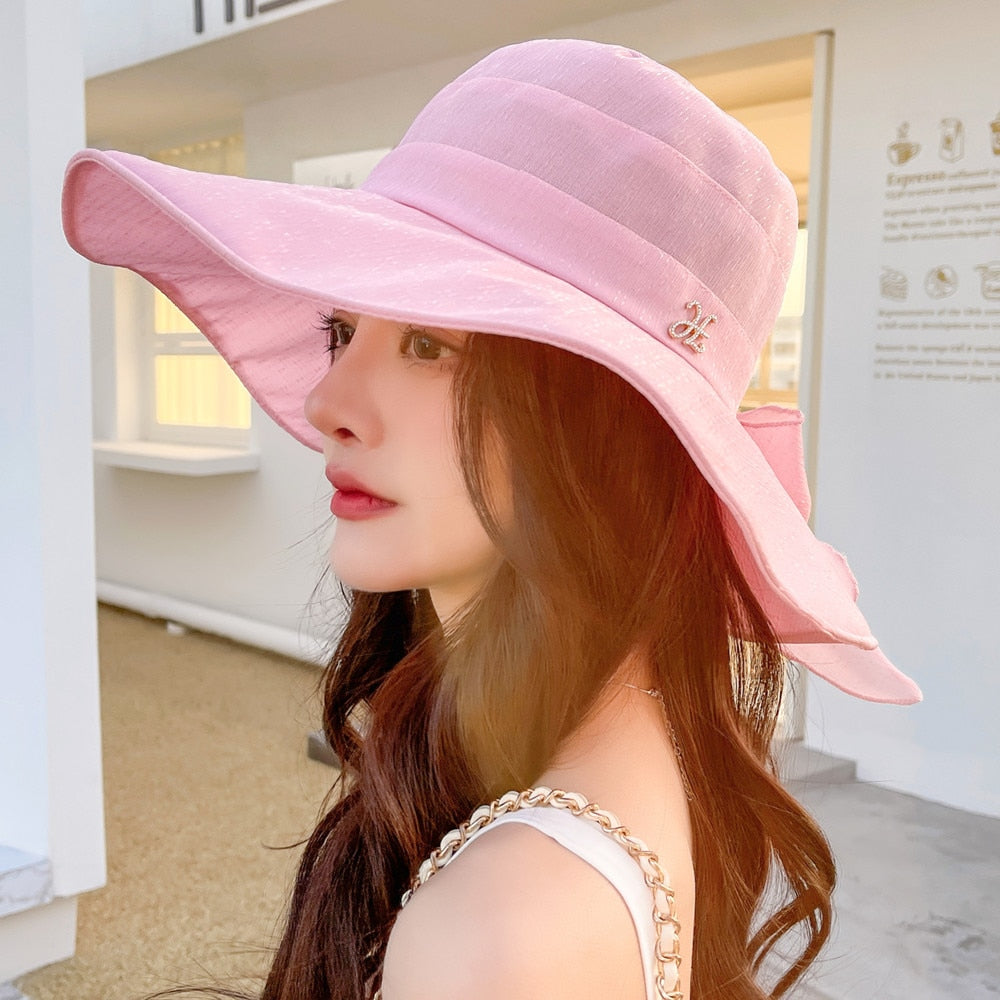 Women Summer Sun Hats Plain Color Fashion Bow Design Sun Hat Female Outdoor Sun Protection Travel Beach Hat