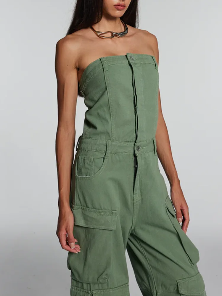 Solid Casual Loose Jumpsuits For Women Strapless Sleeveless High Waist Spliced Pockets  Jumpsuit Female Fashion Clothing