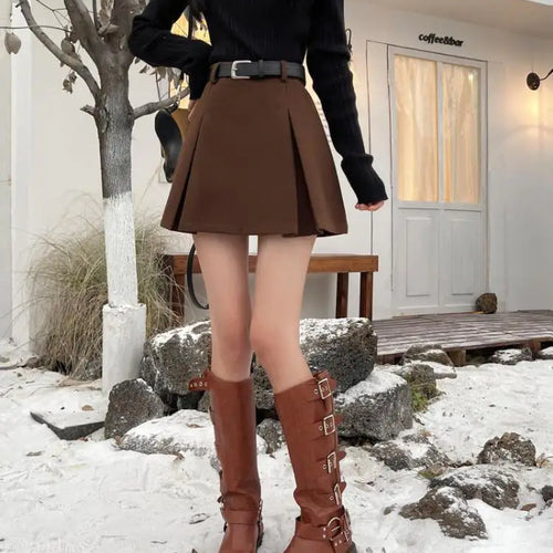 Load image into Gallery viewer, Black Party Woolen Mini Skirt Women Autumn Winter Brown A Line Wrap Hip Short Skirts Korean Fashion Harajuku Thick Pleated Skirt
