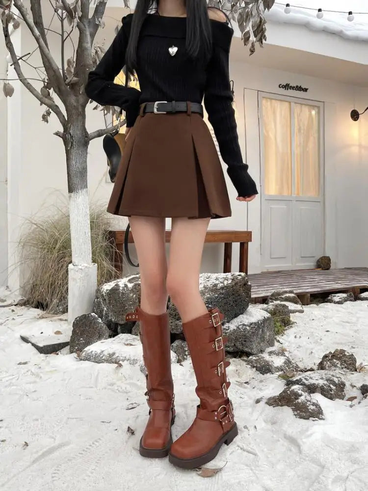 Black Party Woolen Mini Skirt Women Autumn Winter Brown A Line Wrap Hip Short Skirts Korean Fashion Harajuku Thick Pleated Skirt