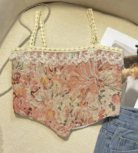 Retro Lace Painting Flower Print Tank Tops Summer Camisole Women's Elegant Slim Asymmetrical Short Slip Vest Sexy Club Y2k Boho