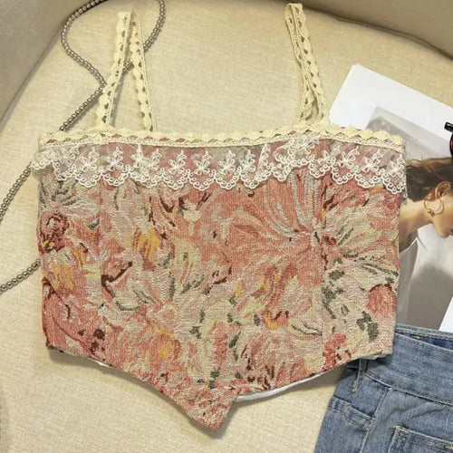 Load image into Gallery viewer, Retro Lace Painting Flower Print Tank Tops Summer Camisole Women's Elegant Slim Asymmetrical Short Slip Vest Sexy Club Y2k Boho
