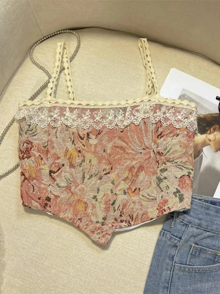 Retro Lace Painting Flower Print Tank Tops Summer Camisole Women's Elegant Slim Asymmetrical Short Slip Vest Sexy Club Y2k Boho